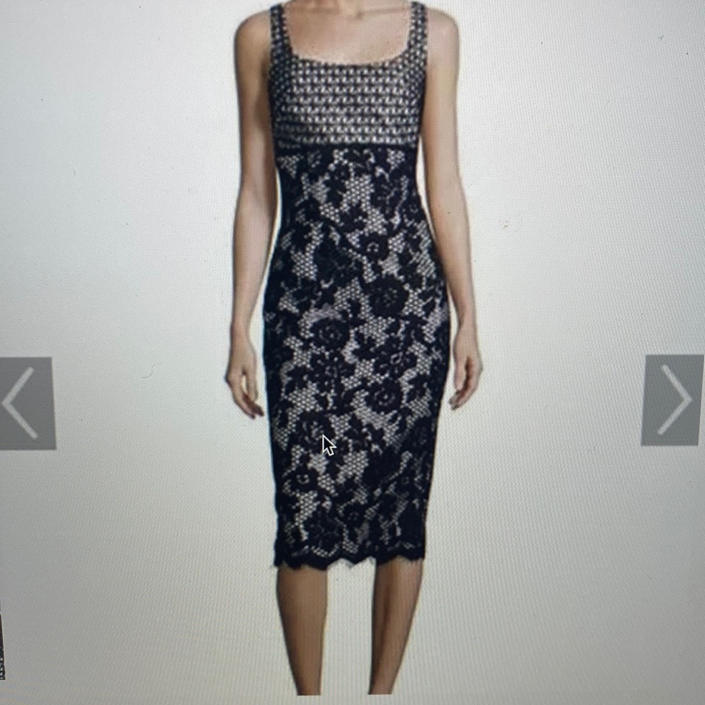 Monique Lhuillier Black Floral Lace over White Satin Cocktail Dress